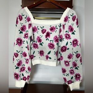 Willow & Wind Women’s Small Floral Knit Cropped Sweater Pink White Green